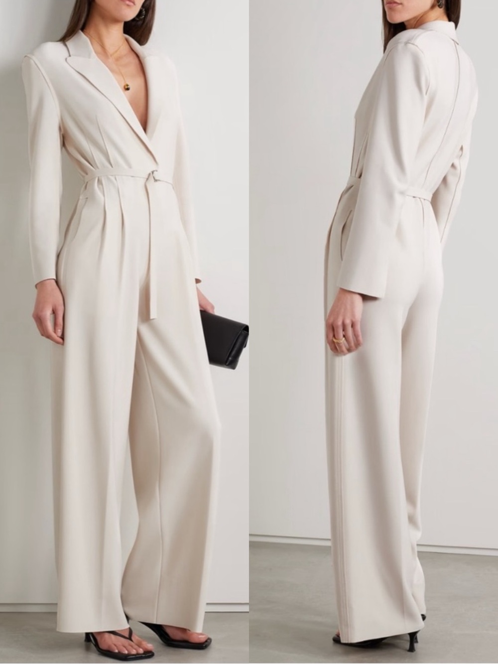 NEW NORMA KAMALI Bone Jersey Pleated Wide Leg Belted Long Sleeve Jumpsuit